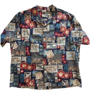 Vtg Aloha Hut Hawaiian Men’s Shirt‎ Blue Red Hibiscus Canoe 100% Cotton Size 2X